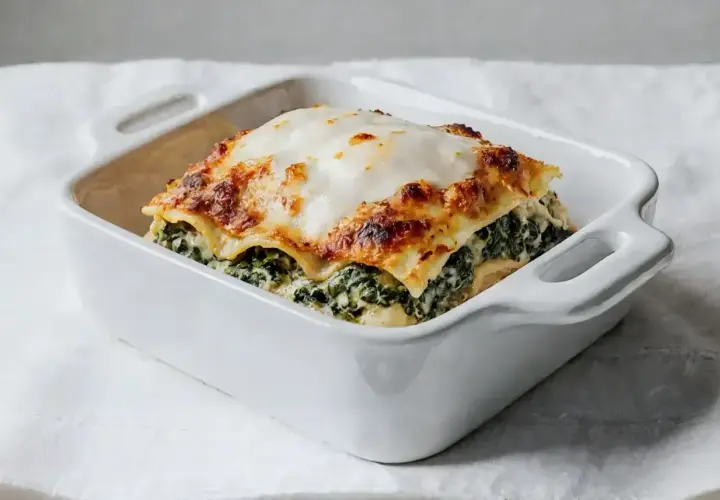 Pyszne lasagne ze szpinakiem, zapieczone pod złotą warstwą sera, w białej ceramicznej formie.