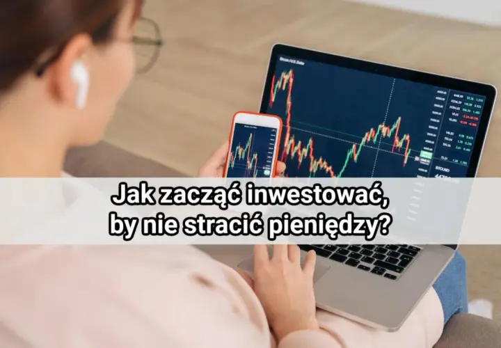 Kobieta analizuje wykresy giełdowe na laptopie i telefonie, ucząc się, jak inwestować na giełdzie, by nie stracić pieniędzy.