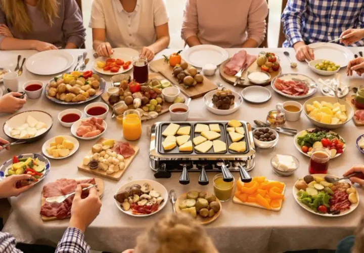 Une joyeuse tablée partage une raclette maison conviviale, avec fromage fondant, charcuteries et légumes variés.