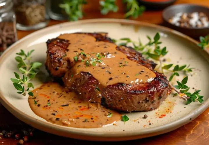 Un steak juteux nappé d'une onctueuse sauce au poivre, garni de brins de thym frais. Un délice pour les yeux et les papilles.