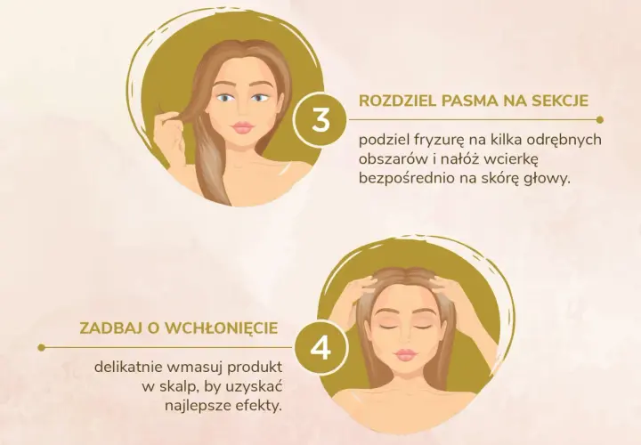 Jak używać wcierki do włosów: podziel pasma, nałóż produkt na skórę głowy i delikatnie wmasuj dla najlepszych efektów.