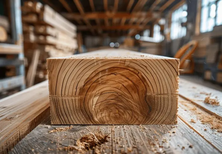 Section transversale d'une poutre en bois, révélant les anneaux de croissance et la beauté naturelle de la structure en lamellé collé.
