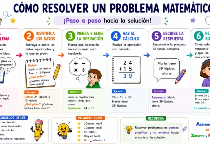 Guía para resolver problemas matemáticos de 4 primaria: lee, identifica datos, elige operación, calcula, escribe respuesta y revisa.