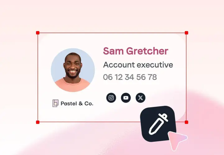 Signature mail de Sam Gretcher, Account Executive chez Pastel & Co. avec photo, numéro et icônes réseaux sociaux.