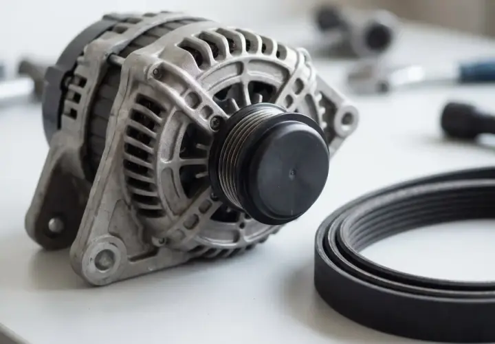 Alternator z rolką i paskiem. Objawy zużycia sprzęgła alternatora mogą być różne, np. hałas.