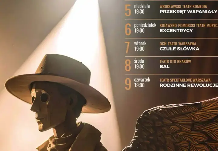 Drewniana kukła w kapeluszu, zapowiedź teatralnego tournee: "Przekręt Wspaniały", "Excentrycy", "Czułe Słówka", "Bal", "Rodzinne Rewolucje".