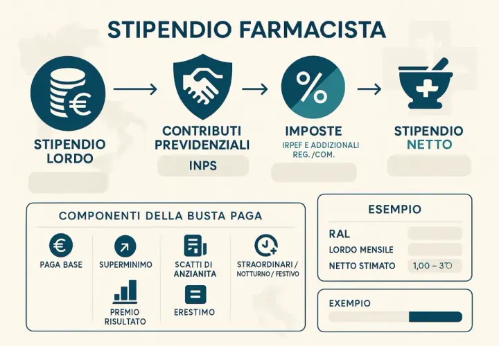 Schema illustra il calcolo stipendio netto farmacista: da lordo a netto, passando per contributi e imposte. Include componenti busta paga ed esempio.