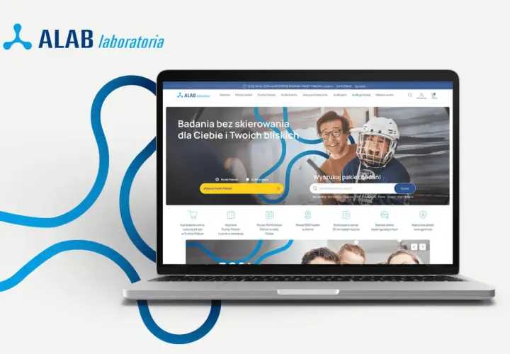 Laptop z otwartą stroną internetową ALAB Laboratoria, prezentującą ofertę badań i wyszukiwarkę pakietów.
