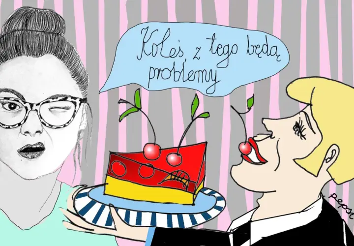 Kobieta z okularami i ciastko z wiśniami. Mężczyzna mówi: "Koleś, z tego będą problemy", bo ma wolny metabolizm.