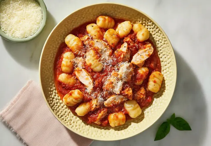 Pyszne gnocchi z kurczakiem w sosie pomidorowym, posypane parmezanem. Idealne danie na szybki obiad.