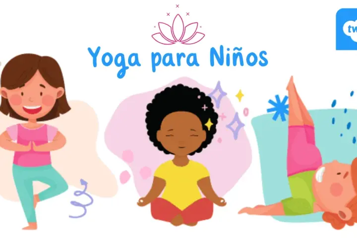 Ilustración de "Yoga para Niños" con tres niños en diferentes posturas: uno en equilibrio, otro meditando y uno más en una postura invertida.