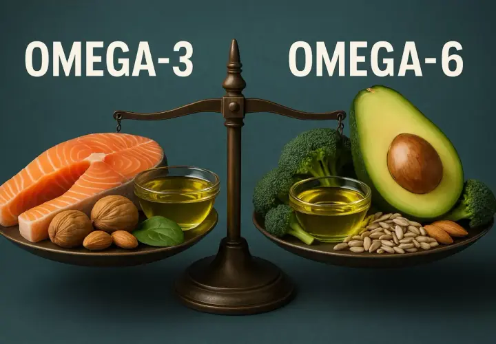 Waga pokazuje równowagę między kwasami omega-3 (łosoś, orzechy) a kwasami omega-6 (awokado, brokuły, nasiona).