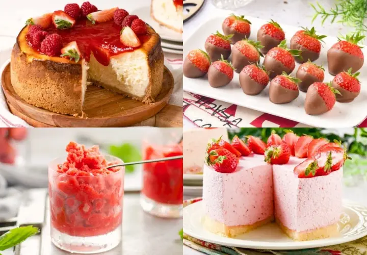 Pastel de queso con fresas, fresas cubiertas de chocolate, granizado de fresa y tarta de mousse de fresa. ¡Deliciosos postres de fresa!