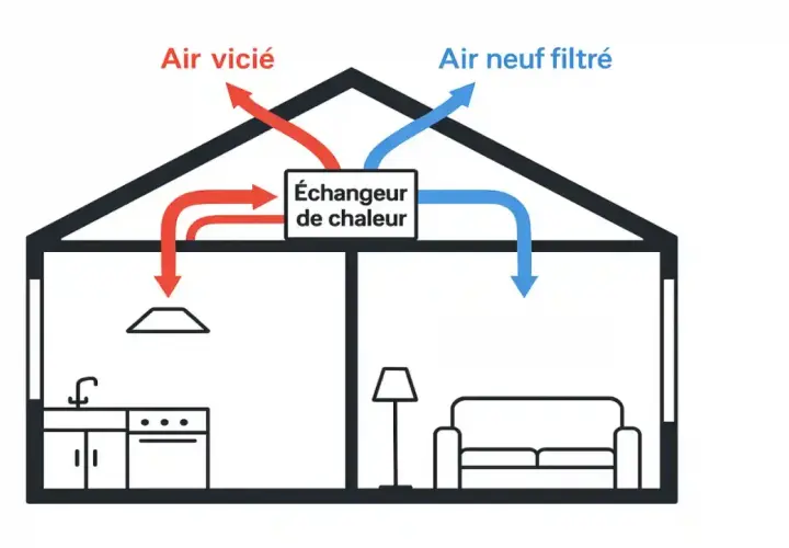 Schéma d'une maison montrant le fonctionnement d'une VMC double flux pour la rénovation : l'air vicié est extrait et l'air neuf est filtré et réchauffé.
