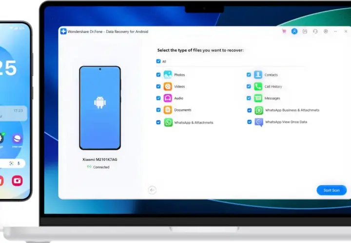 Odzyskiwanie danych Android z telefonu Xiaomi za pomocą Dr.Fone. Wybierz typy plików do odzyskania: zdjęcia, filmy, kontakty, wiadomości WhatsApp i inne.