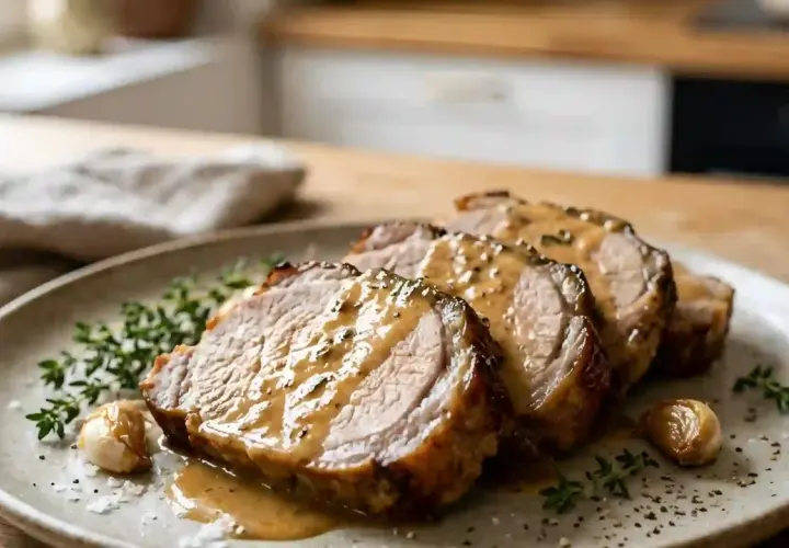 Tranches de roti de porc au lait, nappées d'une sauce onctueuse, garnies de thym et d'ail rôti. Un délice !