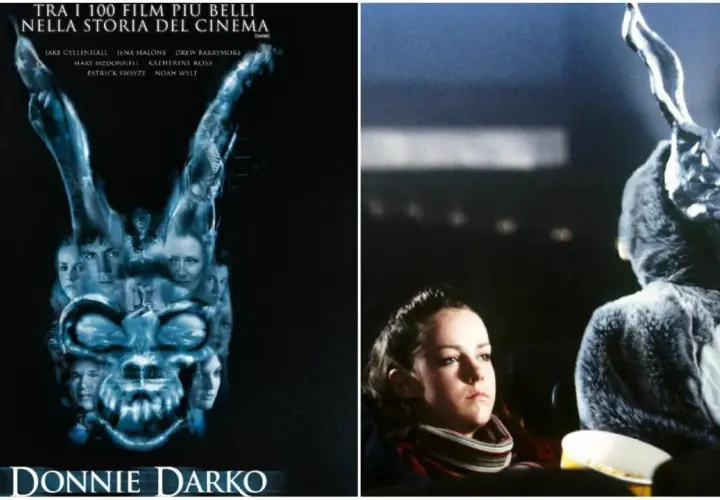 Locandina e scena iconica di Donnie Darko, un film che merita una recensione approfondita per la sua atmosfera unica e la sua trama complessa.