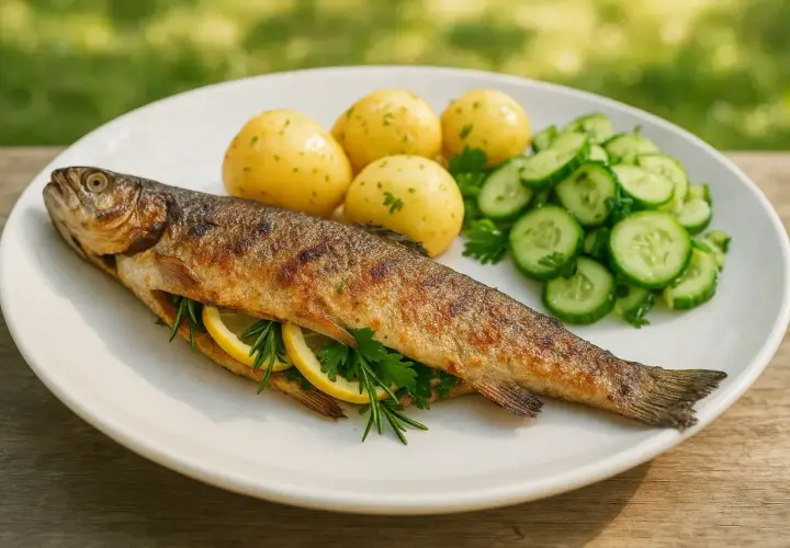 Pstrąg z grilla, podany z ziemniakami i mizerią, pachnie latem i słońcem.