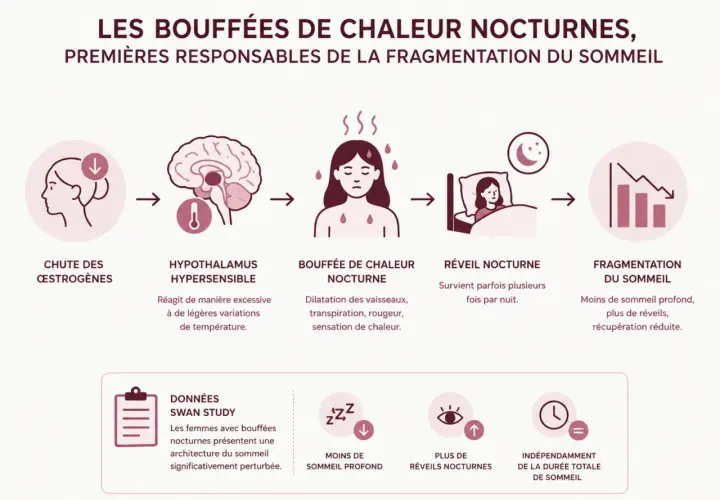 Chute d'œstrogènes, hypothalamus hypersensible, bouffées de chaleur nocturnes, réveils fréquents, fragmentation du sommeil. La fatigue liée à la ménopause est expliquée.