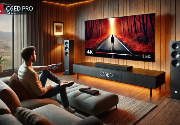 Mężczyzna relaksuje się na kanapie, oglądając film na telewizorze TCL C655.