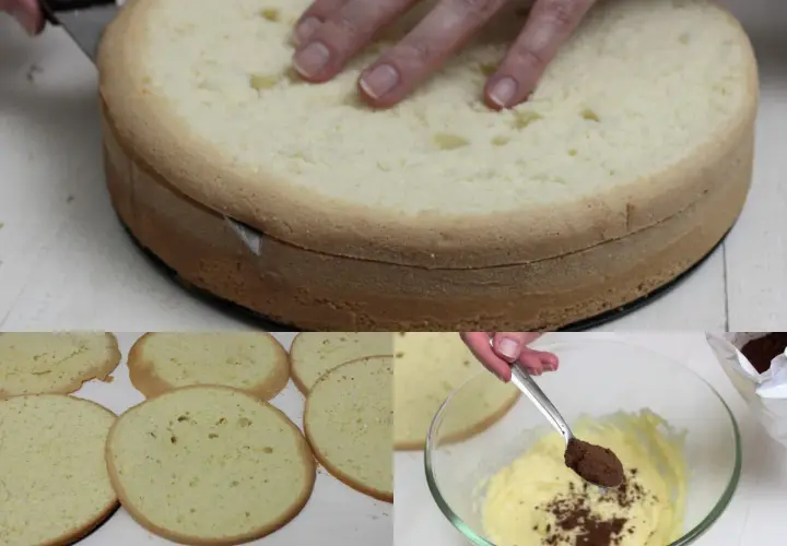 Przygotowanie biszkoptu do zuppa inglese. Krojenie ciasta i dodawanie kakao do kremu.