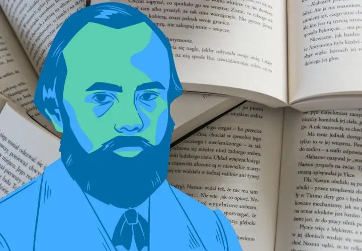 Portret Fiodora Dostojewskiego na tle otwartej książki. Jego biografia jest fascynująca.