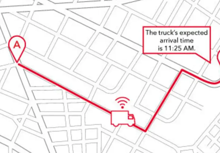 Karte zeigt eine LKW-Route von A nach B. Der LKW hat ein WLAN-Symbol und die erwartete Ankunftszeit ist 11:25 Uhr.
