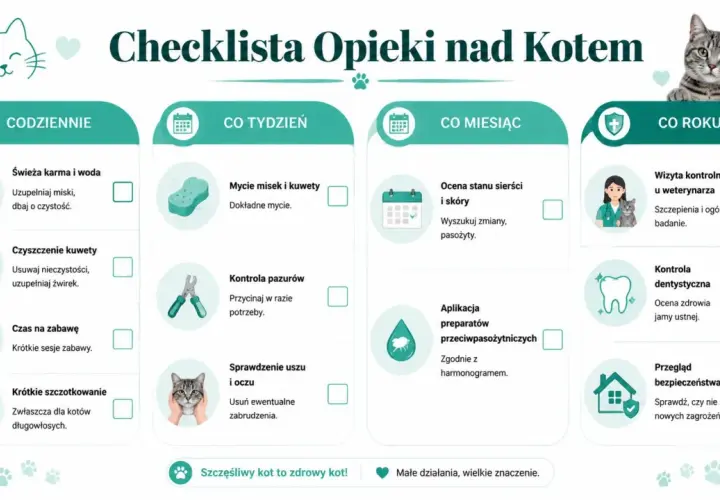 Checklista opieki nad kotem: codzienne karmienie, czyszczenie kuwety, zabawa, szczotkowanie. Tygodniowe mycie misek, kontrola pazurów, uszu i oczu. Miesięczna ocena sierści i skóry, aplikacja preparatów. Roczna wizyta u weterynarza, kontrola dentystycz...