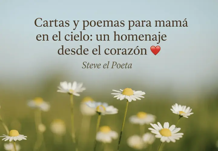 Flores y un corazón rojo acompañan el texto "Cartas y poemas para mamá en el cielo: un homenaje desde el corazón". Felicidades al cielo, mamá.
