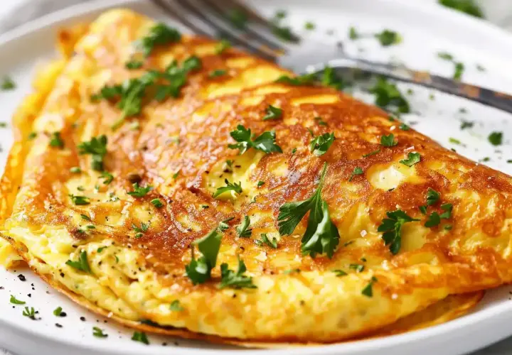 En gyllene omelett, perfekt för ett snabbt omelett recept, toppad med färsk persilja och serverad på en vit tallrik med en gaffel.
