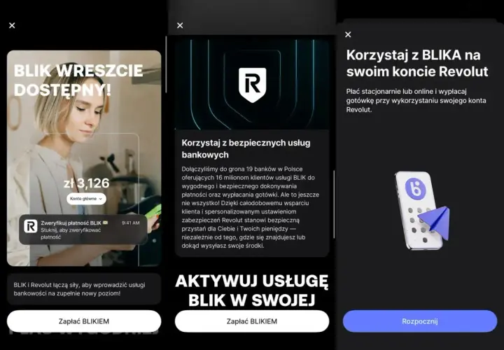 Trzy ekrany aplikacji mobilnej: pierwszy z informacją o dostępności BLIK i saldem 3126 zł, drugi z logo Revolut i opisem bezpiecznych usług bankowych, trzeci z ikoną telefonu i tekstem "Korzystaj z BLIKA na swoim koncie Revolut".