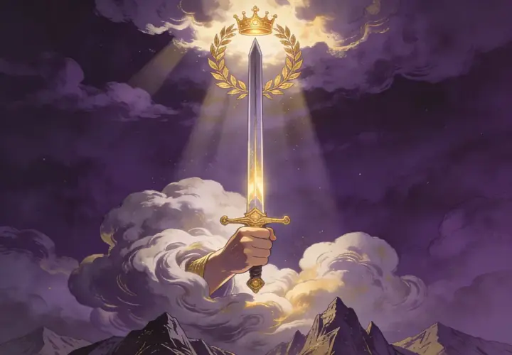 Dłoń wyłaniająca się z chmur dzierży lśniący miecz, symbolizujący zwycięstwo i triumf. Nad nim korona laurowa, niczym w karcie 7 mieczy tarot.