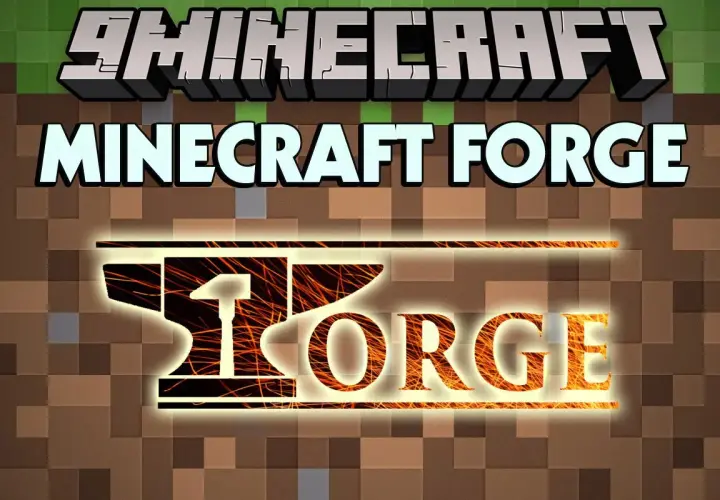 Logo Minecraft Forge z kowadłem i płomieniami na tle bloków Minecraft.