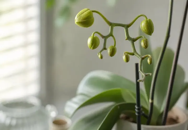 Tige d'orchidée avec plusieurs arrosage orchidée en bouton, prêts à éclore. Les feuilles vertes sont floues en arrière-plan.