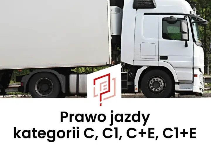 Biała ciężarówka z naczepą. Tekst: Prawo jazdy kategorii C, C1, C+E, C1+E.