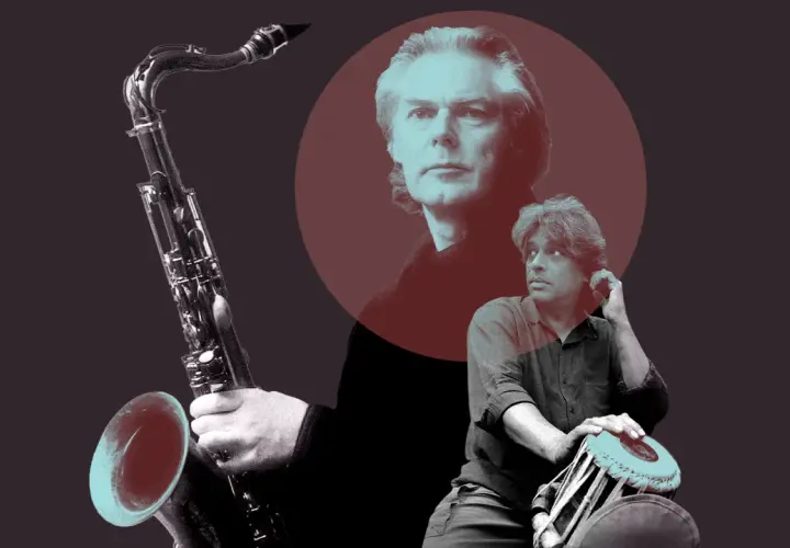 Jan Garbarek i muzyk grający na tabli, z saksofonem w tle.