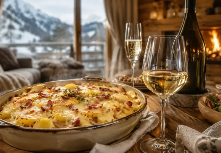 Un plat de tartiflette fumant, prêt à être dégusté avec un verre de vin blanc. Quel vin rosé avec tartiflette ? Une question qui se pose devant ce feu de cheminée.