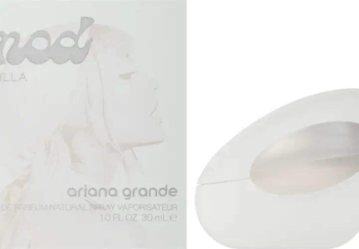 Pudełko i flakonik perfum Ariana Grande Mod Vanilla. Delikatny, waniliowy zapach w nowoczesnym opakowaniu.