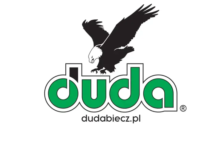 Logo zakładu galanterii drzewnej Duda: orzeł nad zielonym napisem "duda" i adresem dudabiecz.pl.
