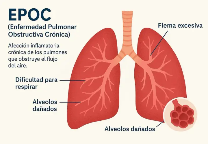 Ilustración de pulmones con EPOC, mostrando flema excesiva, dificultad para respirar y alvéolos dañados, una sensación de frío en los pulmones.