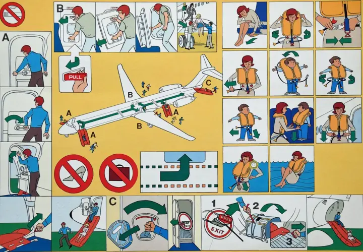Sicherheitsanweisungen für Flugzeuge: Evakuierung, Schwimmwesten anlegen und Notrutschen nutzen. So sicher ist fliegen.
