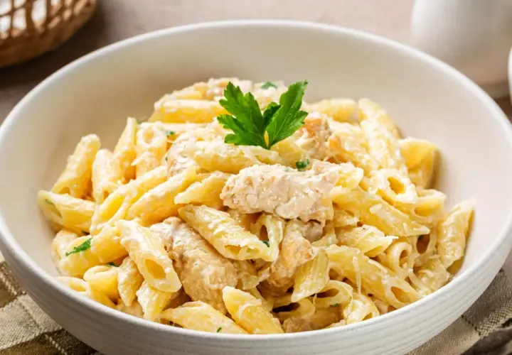 Penne z kurczakiem w kremowym sosie, posypane parmezanem i udekorowane natką pietruszki. Pyszne danie na obiad.