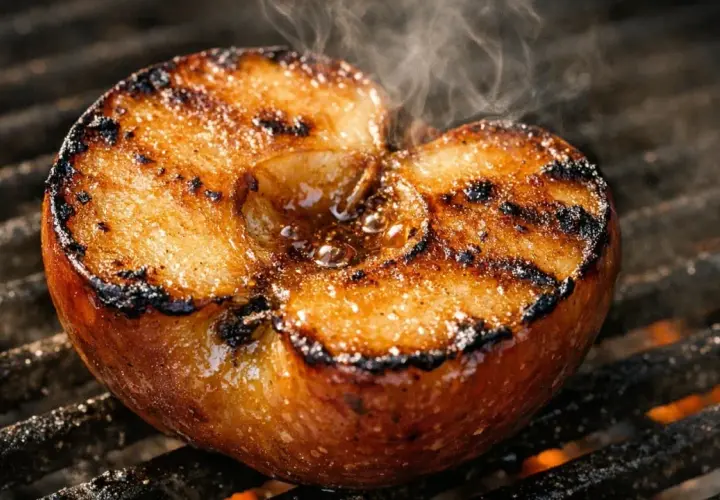 Une pomme au barbecue, caramélisée et fumante, avec des marques de grill. Un délice sucré et salé.
