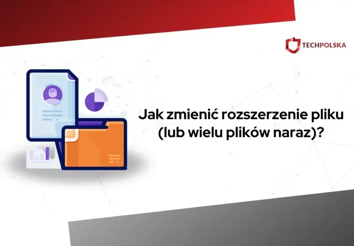Ilustracja pokazuje, jak zmienić rozszerzenie pliku. Ikony dokumentów i folderów sugerują zarządzanie plikami.
