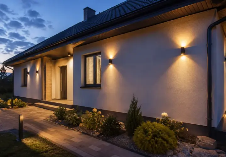 Eleganckie oświetlenie elewacji domu parterowego podkreśla architekturę i tworzy przytulną atmosferę.