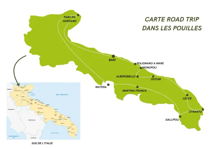 Carte d'un road trip en camping-car dans les Pouilles, montrant le trajet de Gargano à Otranto, en passant par Bari, Alberobello et Lecce.