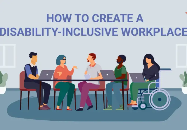 A diverse team, including a person in a wheelchair, collaborates on creating a disability-inclusive workplace.