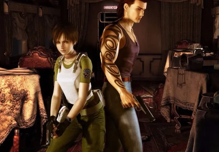 Rebecca Chambers i Billy Coen z Resident Evil 0 w ponurym wnętrzu, gotowi do walki.