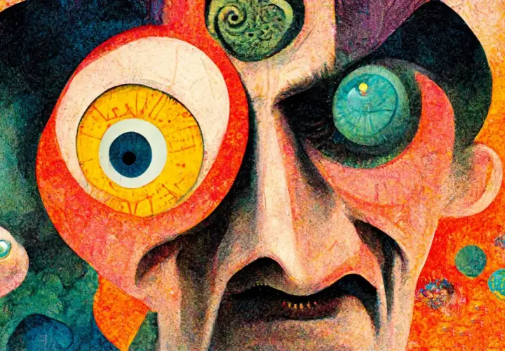 Surrealistyczny portret w stylu dadaizmu z wielkimi, wyrazistymi oczami i zdeformowaną twarzą.