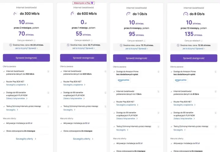 Oferty światłowód plus: do 300 Mb/s za 10 zł/mies., do 600 Mb/s za 0 zł/mies., do 1 Gb/s za 10 zł/mies., do 8 Gb/s za 10 zł/mies.
